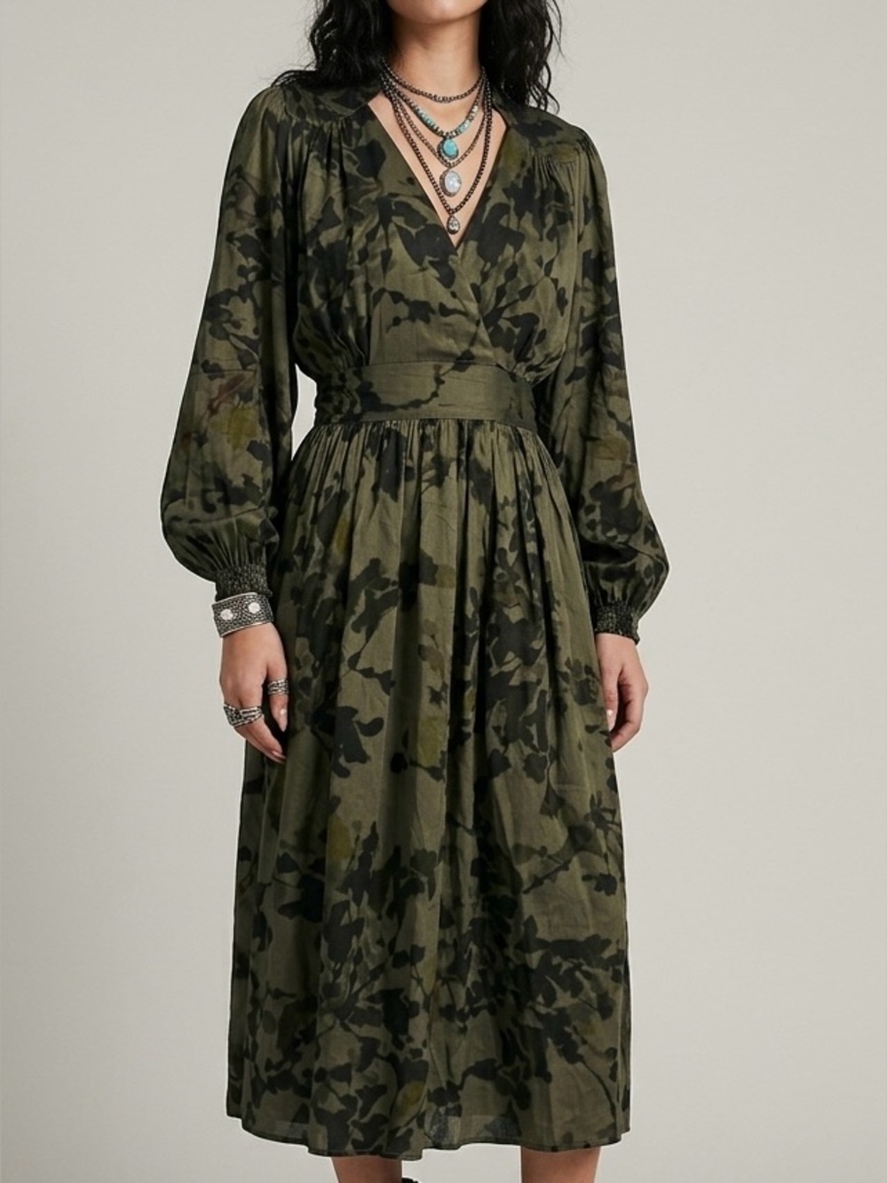 BELLEROSE Sarah Green Abstract Print Viscose Wrap Midi Dress Size 0